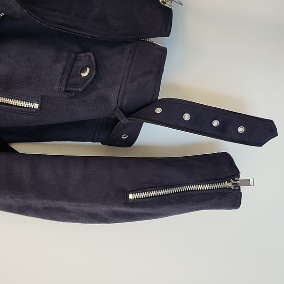 Zara basic navy Faux suede multi zip moto style cropped jacket size S - Picture 4 of 8